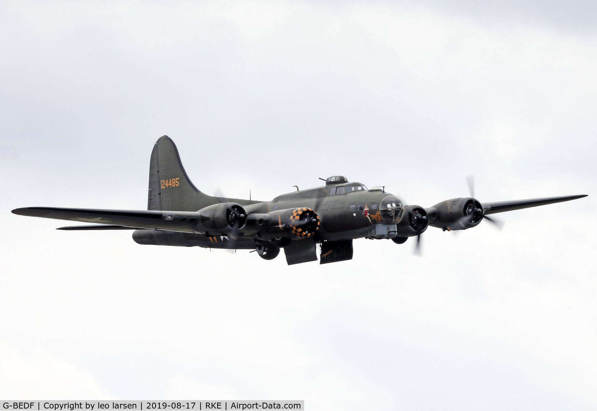 G-BEDF, 1944 Boeing B-17G Flying Fortress C/N 8693, Roskilde Air Show 17.8.2019 with Bomb door`s
open.