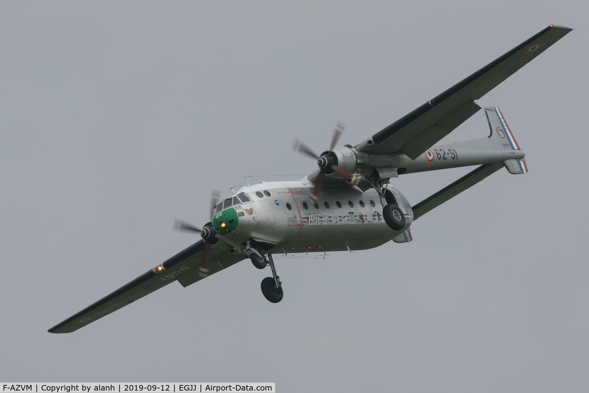 F-AZVM, 1956 Nord N-2501F Noratlas C/N 105, On approach for 27 after displaying at Jersey airshow, 2019
