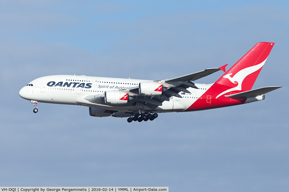 VH-OQI, 2010 Airbus A380-842 C/N 055, On final for runway 16.