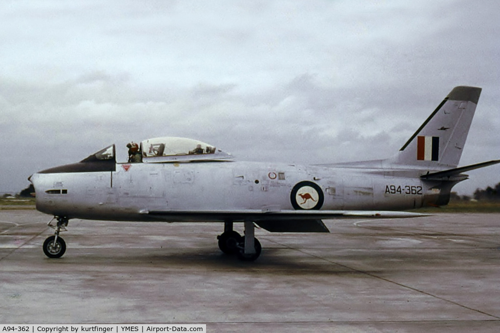 A94-362, 1960 Commonwealth CA-27 Sabre Mk.32 C/N CA27-102, Gifted to the Royal Malaysian Airforce, 19/03/1969 as FM-1362 later FM-1902. The photo was taken at RAAF Base East Sale, Victoria 1962, at that time it was on strength of the Aircraft Research and Development Unit (ARDU).