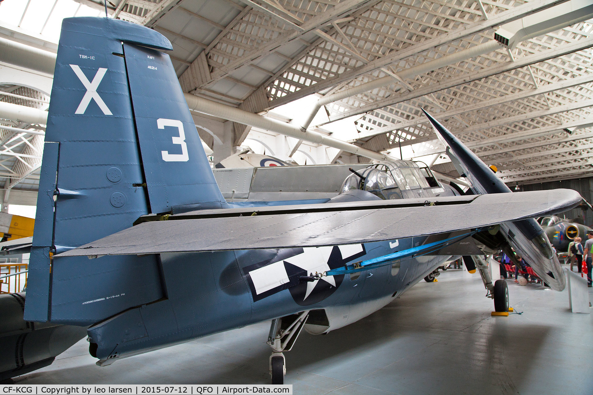 CF-KCG, Grumman TBM-3E Avenger C/N 2066, Duxford 12.7.2015.Aircraft painted as TBM-1C bureau number 46214 LT.George Bush.Crashed 
2.9.1944 on a bombing mission 