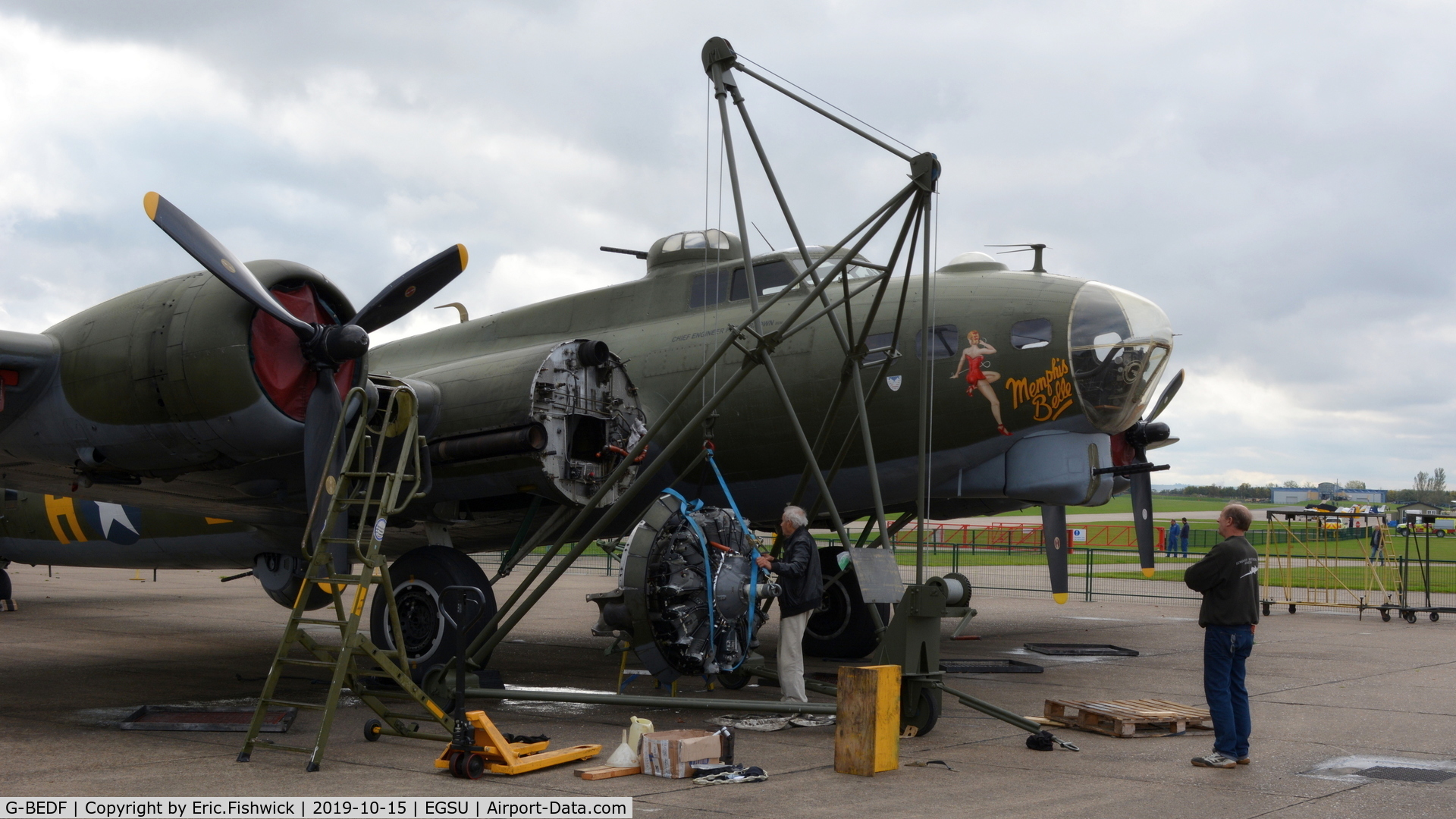 G-BEDF, 1944 Boeing B-17G Flying Fortress C/N 8693, 5. Sally B. receiving some running repairs - October, 2019.