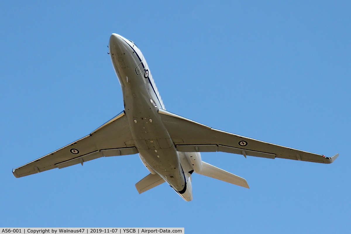 A56-001, 2019 Dassault Falcon 7X C/N 283, Front view of RAAF 34 Squadron Dassault Falcon 7X Serial A56-001 Cn 283, shown climbing out from Rwy 35 at Canberra International Airport (YSCB) on 07Nov2019. Three Falcon 7X Bizjets have replaced the three Challenger 601s previously operated by 34Sqn.