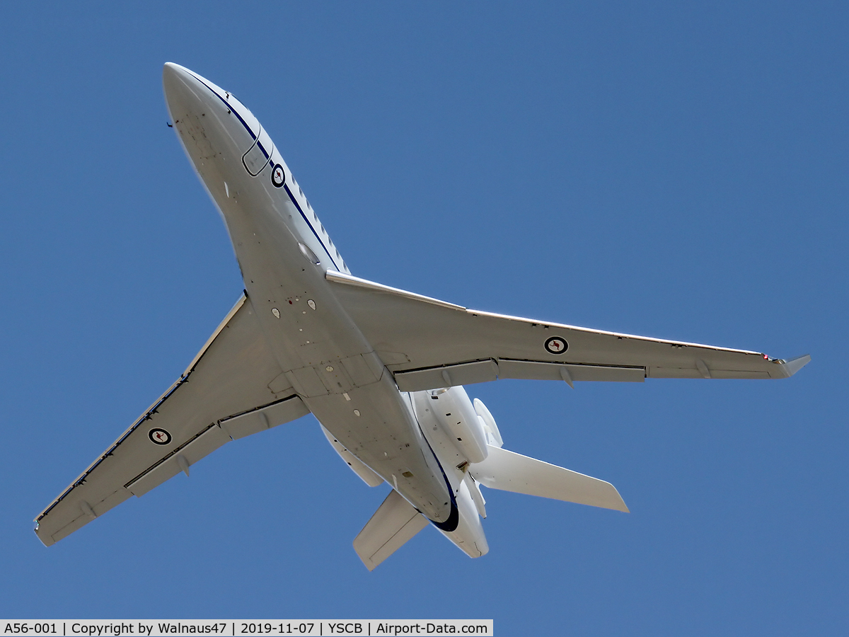 A56-001, 2019 Dassault Falcon 7X C/N 283, Underside view of RAAF 34 Squadron Dassault Falcon 7X Serial A56-001 Cn 283, shown climbing out from Rwy 35 at Canberra International Airport (YSCB) on 07Nov2019. Three Falcon 7X Bizjets have replaced the three Challenger 601s previously operated by 34Sqn