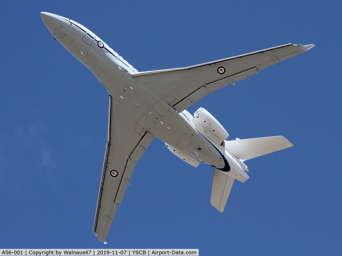 A56-001, 2019 Dassault Falcon 7X C/N 283, Underside view of RAAF 34 Squadron Dassault Falcon 7X Serial A56-001 Cn 283, shown climbing out from Rwy 35 at Canberra International Airport (YSCB) on 07Nov2019. Three Falcon 7X Bizjets have replaced the three Challenger 601s previously operated by 34Sqn