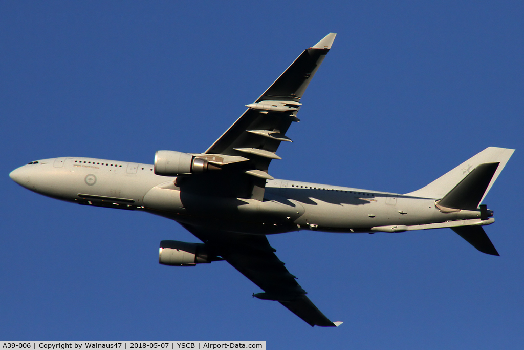 A39-006, 2008 Airbus A330-203/MRTT C/N 892, Low res rear Port underside view of RAAF A330-203 MRTT A39-006 Cn 892 shortly after take-off from Canberra International Airport YSCB Rwy 35 at 1638 hrs on 07May2018. This aircraft was formerly Qantas A330-203 VH-EBH, converted to MRTT.