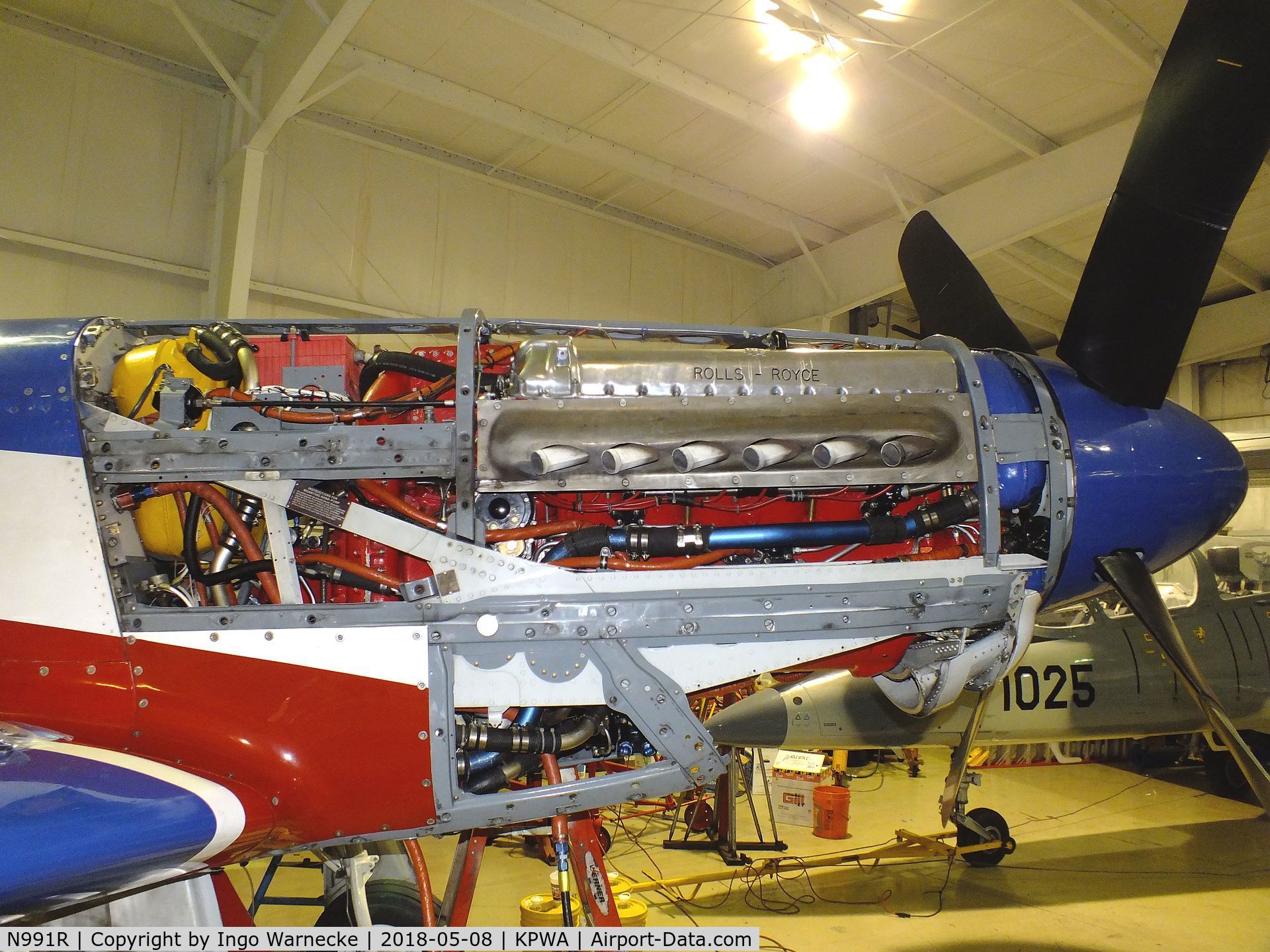N991R, 1993 North American P-51D Mustang C/N 122-41076, North American P-51D Mustang racer 'Miss America' undergoing maintenance at the Oklahoma Museum of Flying, Oklahoma City OK