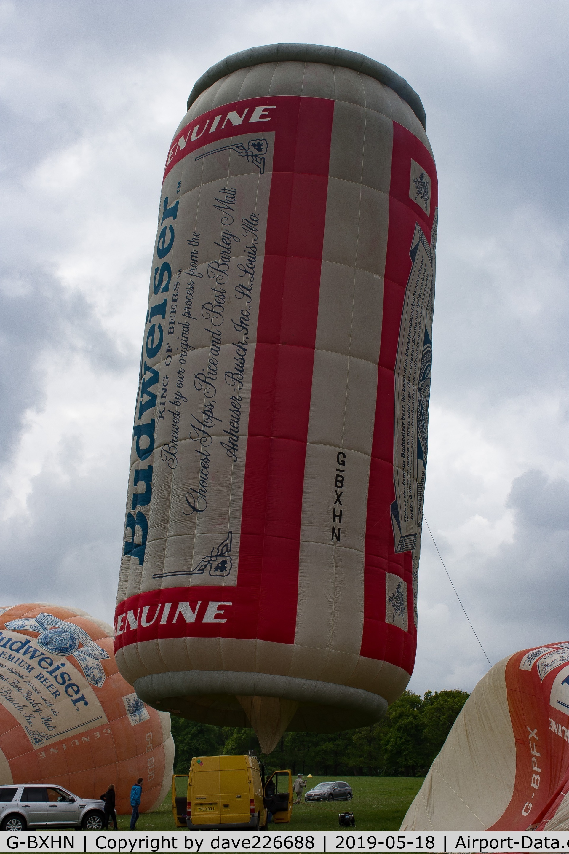 G-BXHN, 1997 Lindstrand Balloons Ltd LBL POP CAN C/N 465, a special inflation of 7 Bud themed balloons including G BXHN at the midlands Air festival 2019