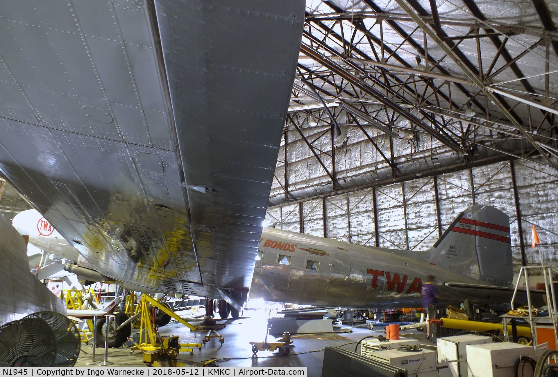 N1945, 1941 Douglas DC-3-G202A C/N 3294, Douglas DC-3 minus engines, undergoing maintenance at the Airline History Museum, Kansas City MO