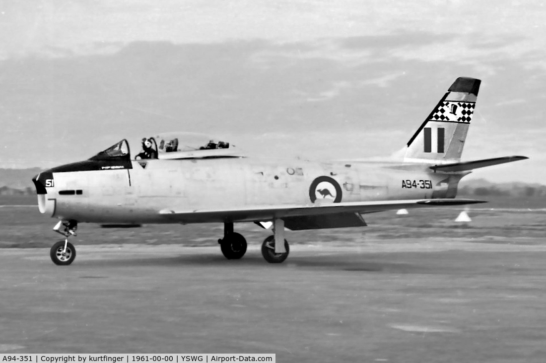 A94-351, 1959 Commonwealth CA-27 Sabre Mk.32 C/N CA27-91, CAC Sabre A94-351 one of pair belonging to 75 sqn calling in at RAAF Base Forestfield in 1961. A94-351 sadly crashed and was written off.1968-12-09.