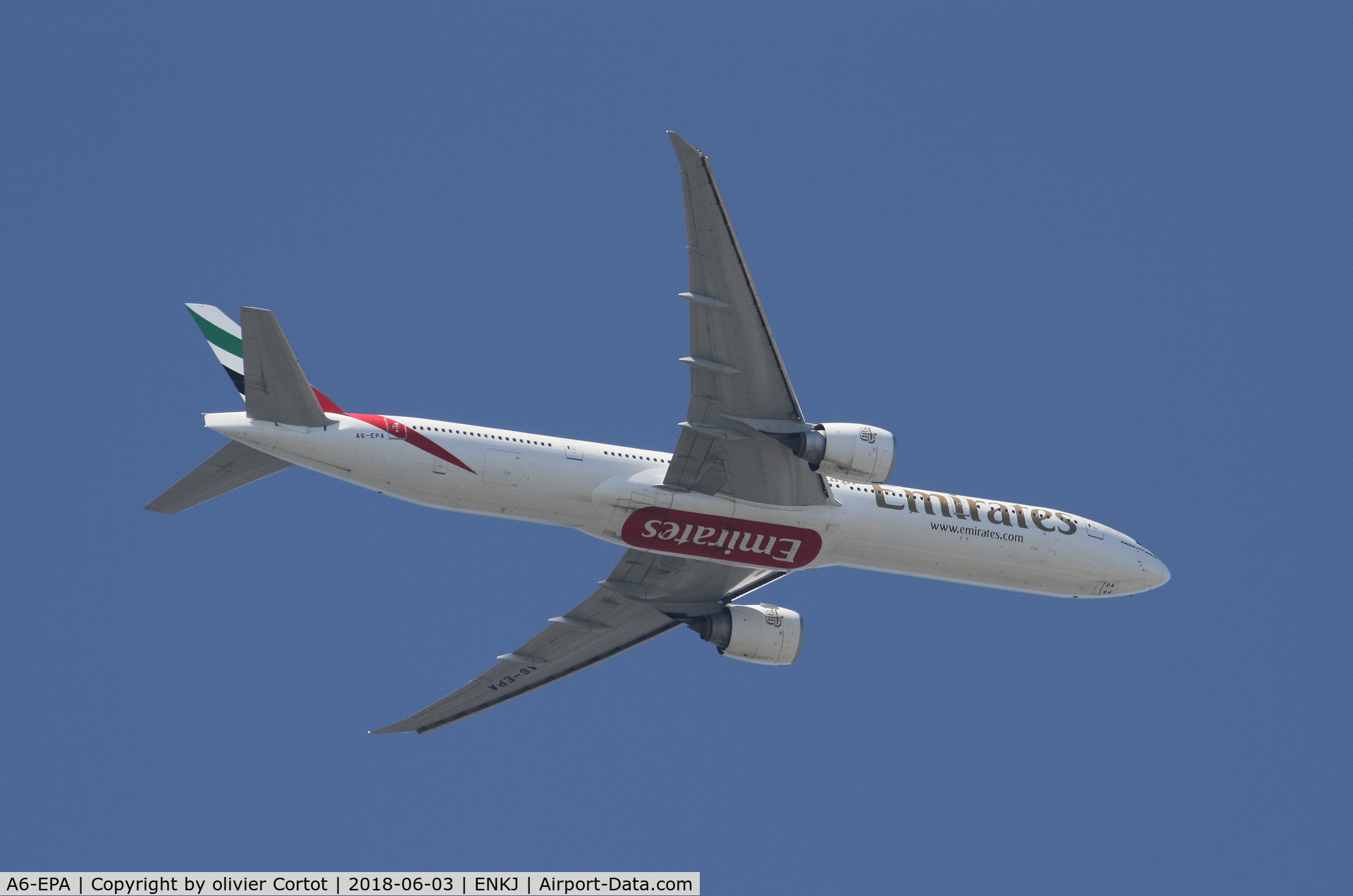 A6-EPA, 2015 Boeing 777-31H/ER C/N 42320, flying over Kjeller, Norway