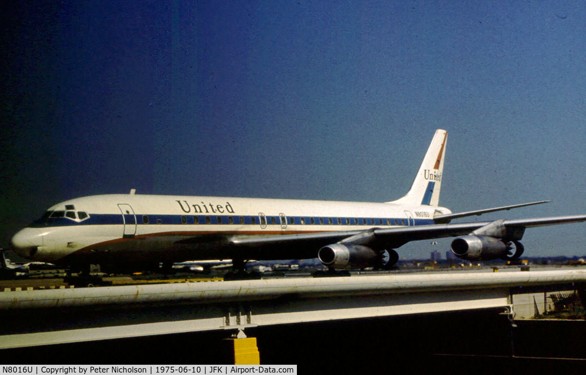 N8016U, 1959 Douglas DC-8-21 C/N 45590, DC-8-21 of United Airlines as seen at John F. Kennedy Airport, New York in the Summer of 1975.