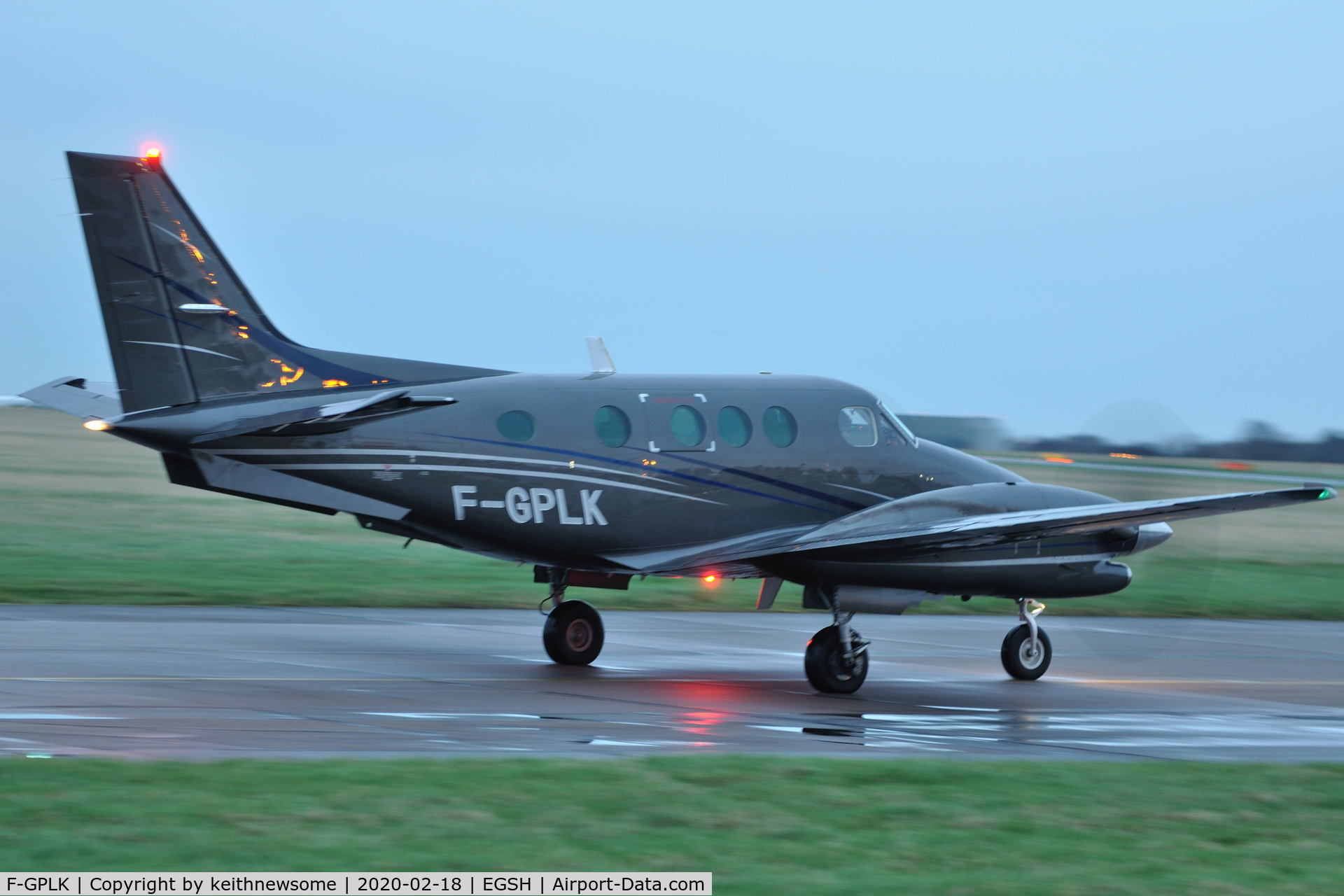 F-GPLK, 1995 Beech C90A King Air King Air C/N LJ-1391, Leaving wet Norwich for Toulouse, France.