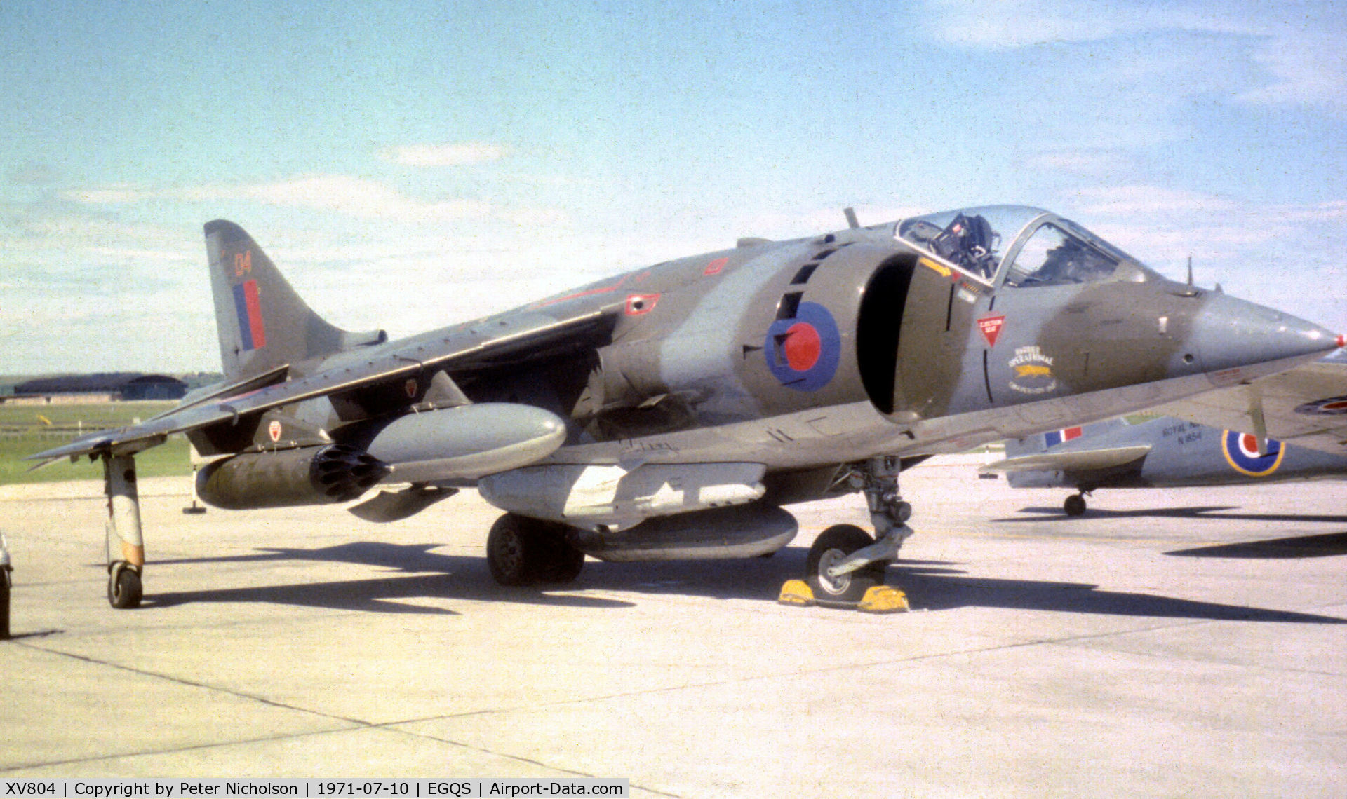 XV804, 1970 Hawker Siddeley Harrier GR.1 C/N 712054, Harrier GR.1 of the Harrier Operational Conversion Unit on static display at the 1971 RNAS Lossiemouth Airshow