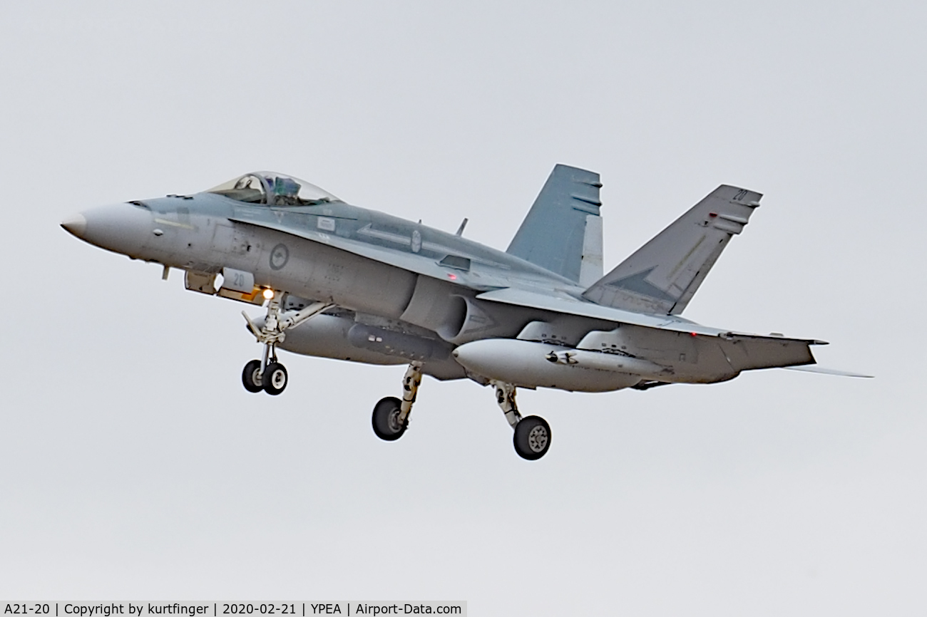 A21-20, 1987 McDonnell Douglas F/A-18A Hornet C/N 462/AF-20, McDonnell FA-18A serial A21-20, 77 sqn markings flying with 75 sqn YPEA 21/02/2020.