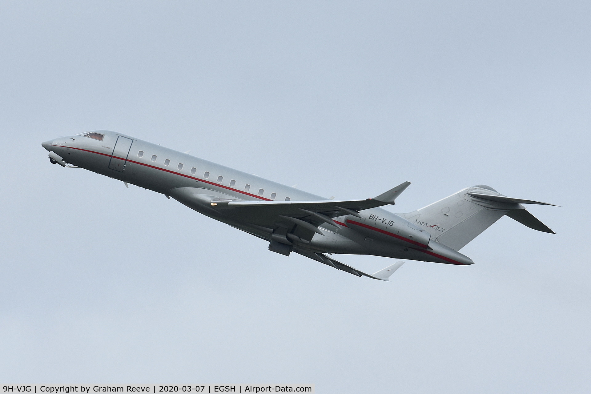 9H-VJG, 2013 Bombardier BD-700-1A10 Global 6000 C/N 9580, Departing from Norwich.