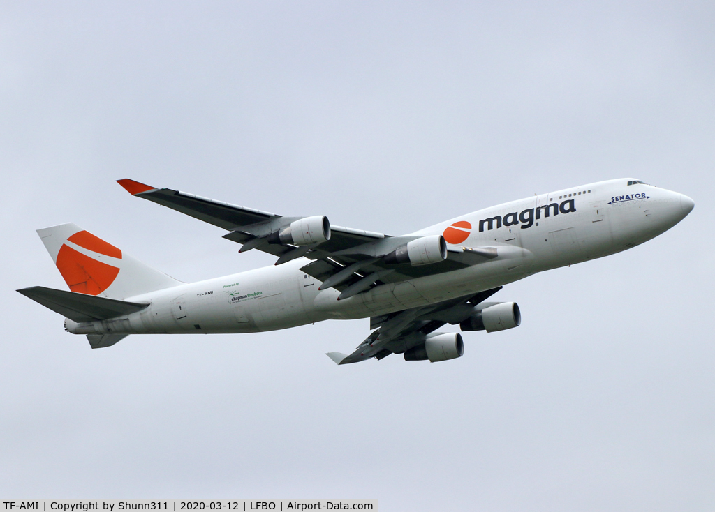 TF-AMI, 1992 Boeing 747-412 C/N 27066, Climbing after take off from rwy 32R... Magma Aviation c/s