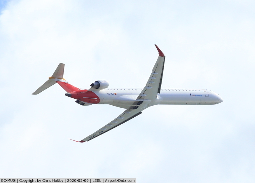 EC-MUG, 2018 Bombardier CRJ-1000 (CL-600-2E25) C/N 19061, Just taken off from Barcelona's El Prat Airport