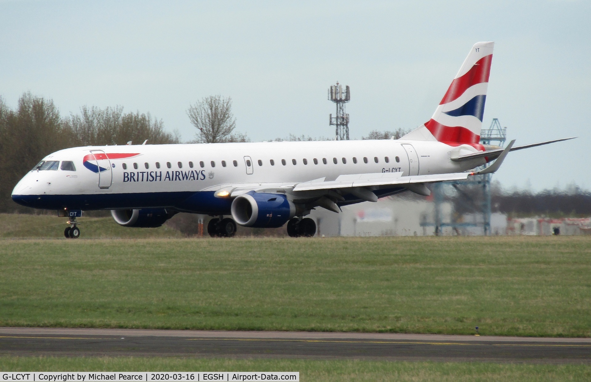 G-LCYT, 2014 Embraer 190SR (ERJ-190-100SR) C/N 19000670, Arriving on RWY 27 from London (LCY) for storage, due to a drop in passenger demand during the COVID-19 outbreak.