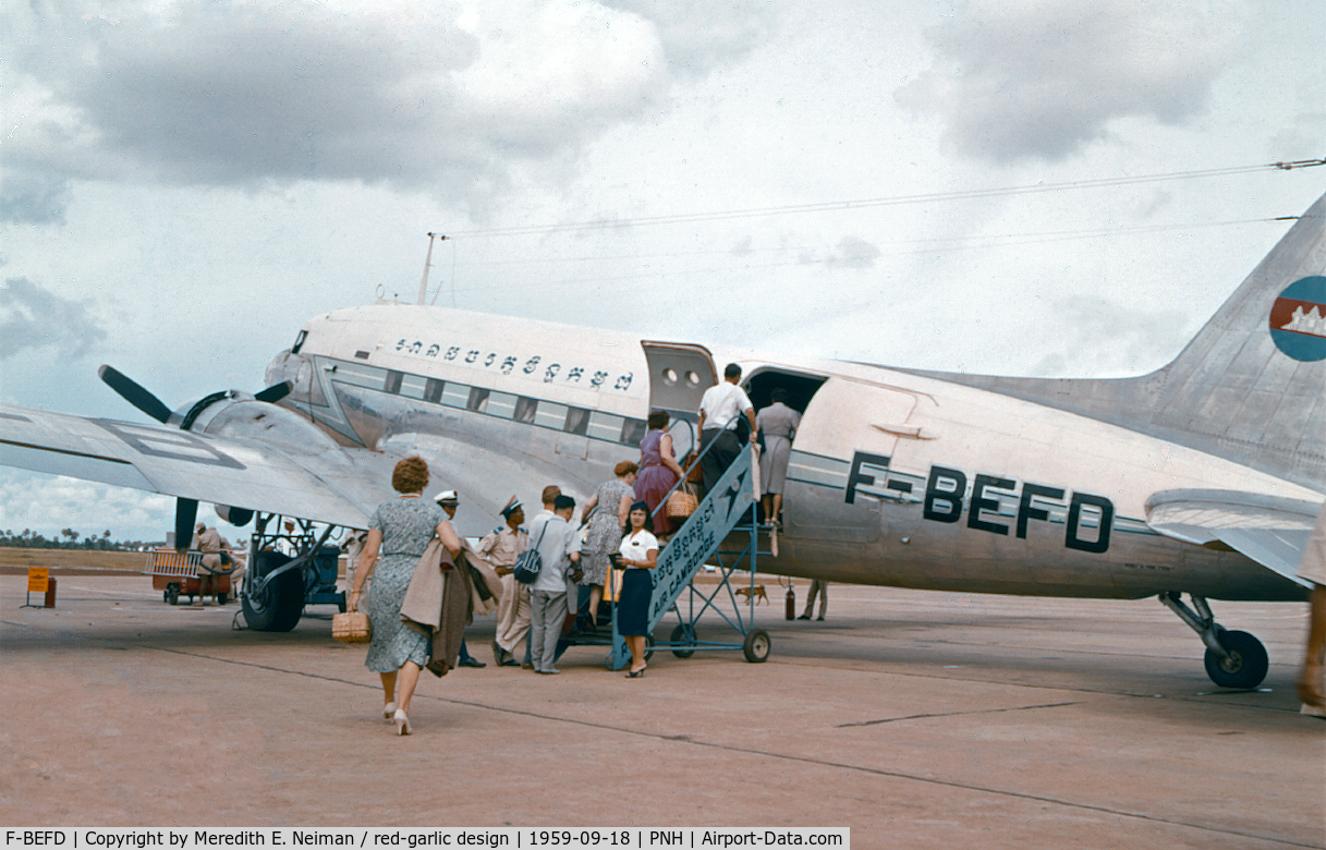 F-BEFD, 1942 Douglas DC3C-S1C3G (C-47A) C/N 13657, Picture was taken (most likely) Cambodia - Phnom Penh - Airport - Friday, September 18, 1959.