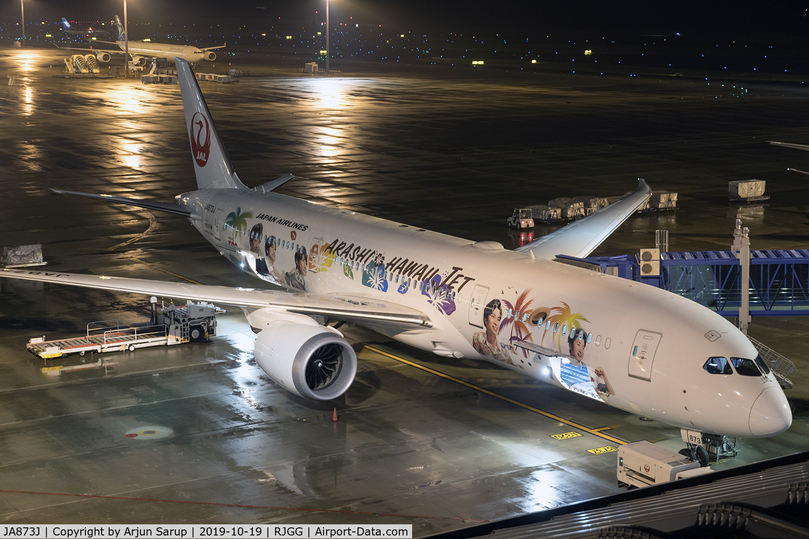 JA873J, 2018 Boeing 787-9 Dreamliner C/N 34852, Named after a Japanese boy band, “Arashi Hawaii Jet” is at the gate at Chubu Centrair International Airport on a wet night.