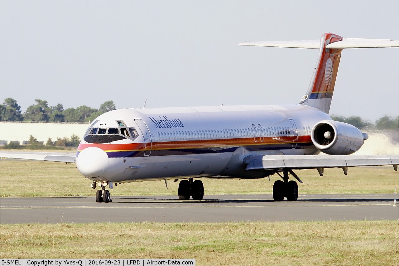 I-SMEL, 1984 McDonnell Douglas MD-82 (DC-9-82) C/N 49247, McDonnell Douglas MD-82, Taxiing to holding point Delta rwy 05, Bordeaux Mérignac airport (LFBD-BOD)