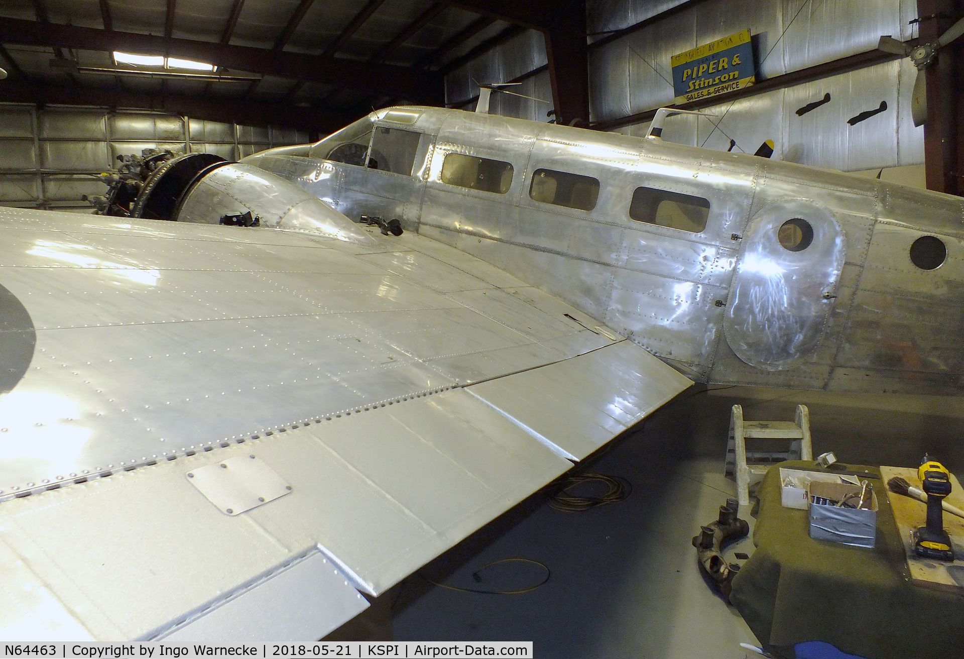 N64463, 1943 Beech C18S C/N 4534, Beechcraft C18S Twin Beech (C-45 Expeditor) undergoing maintenance at the Air Combat Museum, Springfield IL