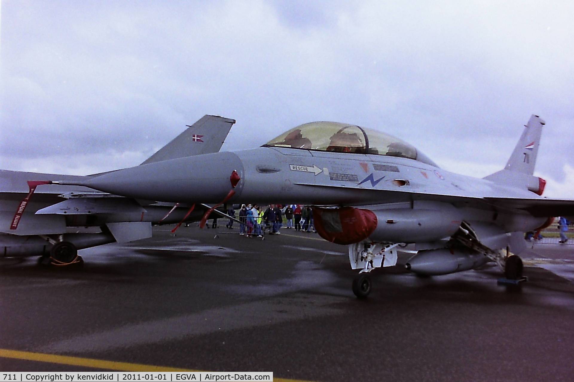 711, 1989 General Dynamics F-16BM Fighting Falcon C/N 6L-13, At RIAT 1993, scanned from negative.