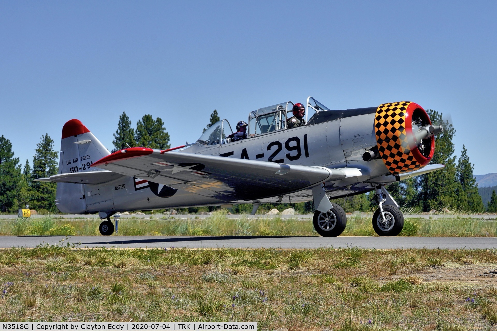 N3518G, North American T-6G Texan C/N 168-505, Part of the D-day Squadron Truckee Tahoe flyover July 4th 2020. Truckee Airport California 2020.