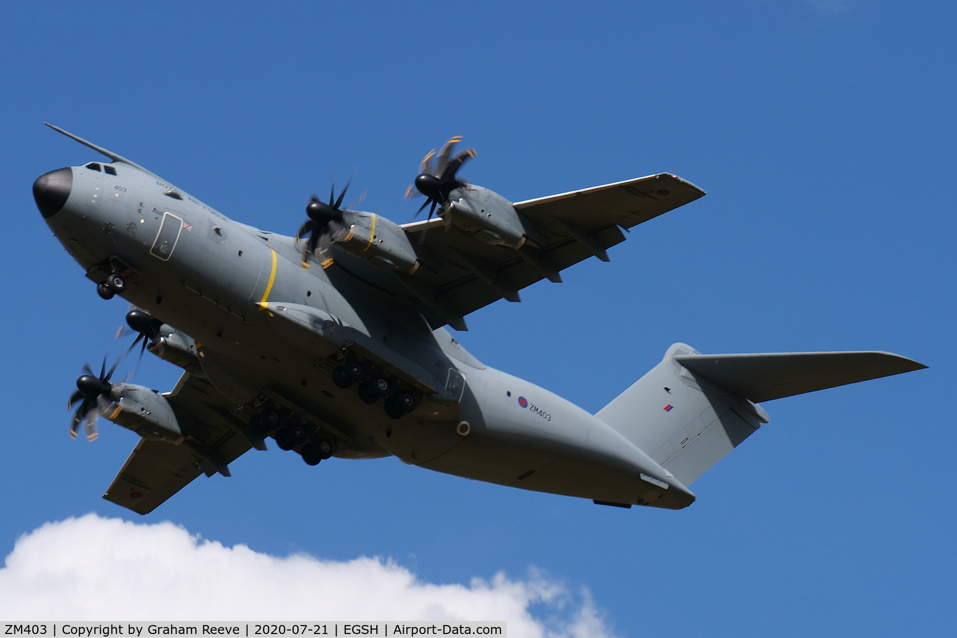 ZM403, 2015 Airbus A400M-180 Atlas C.1 C/N 020, Climbing out from Norwich.