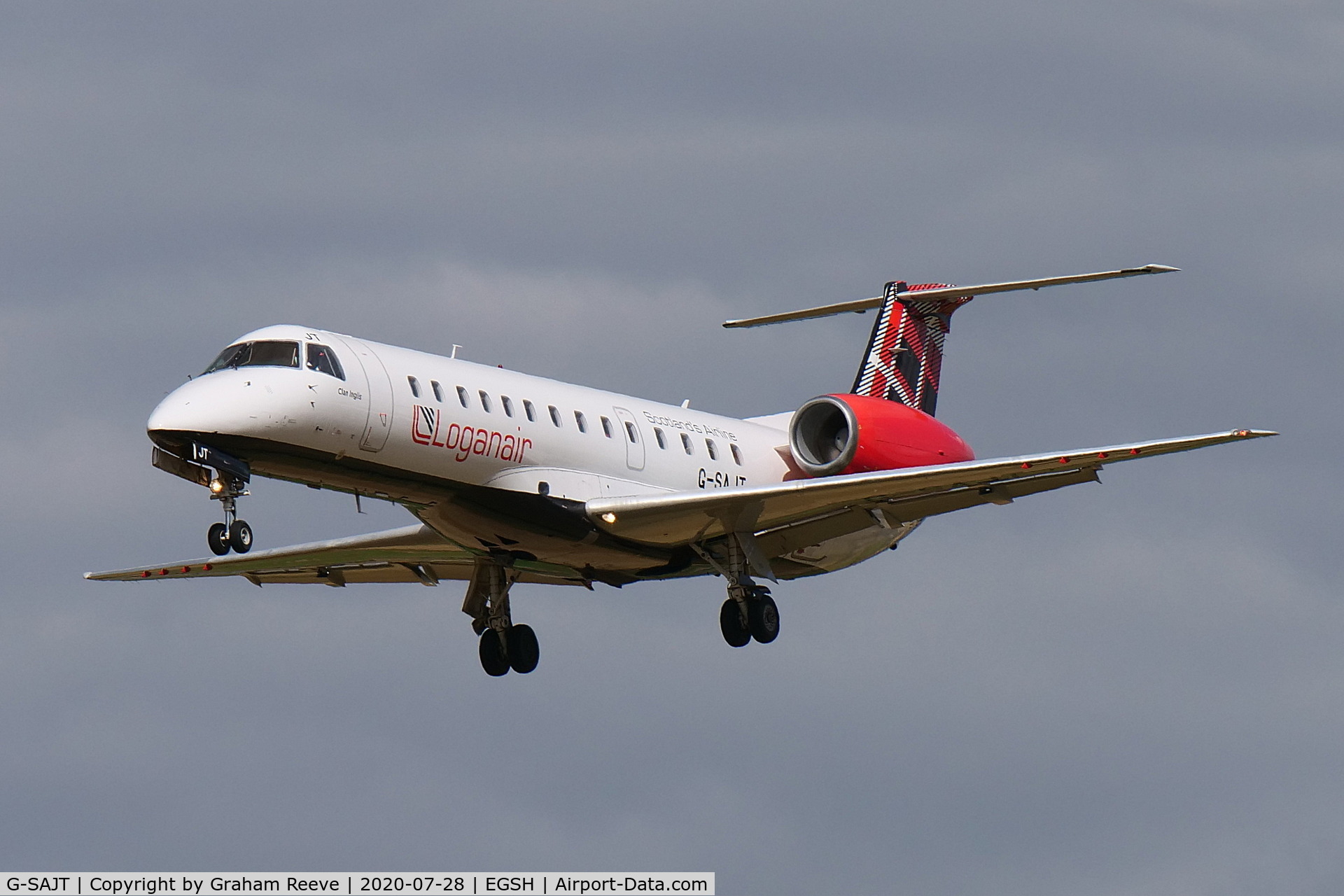 G-SAJT, 2001 Embraer ERJ-135ER (EMB-135ER) C/N 145376, Landing at Norwich.