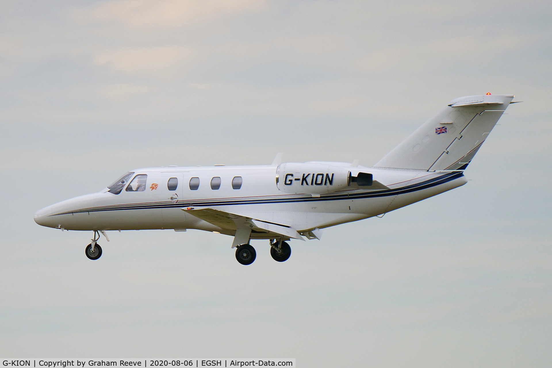 G-KION, 1998 Cessna 525 CitationJet CJ1 C/N 525-0292, Landing at Norwich.