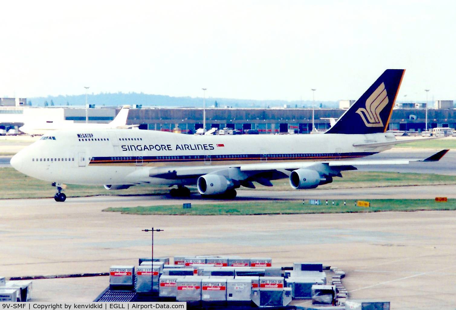 9V-SMF, 1990 Boeing 747-412 C/N 24066, At London Heathrow, early 1990's.