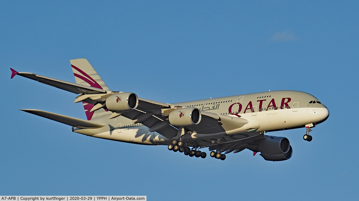 A7-APB, 2013 Airbus A380-861 C/N 143, Airbus A380-800 msn 143. Qatar A7-APB final rwy 21 YPPH 29th March 2020