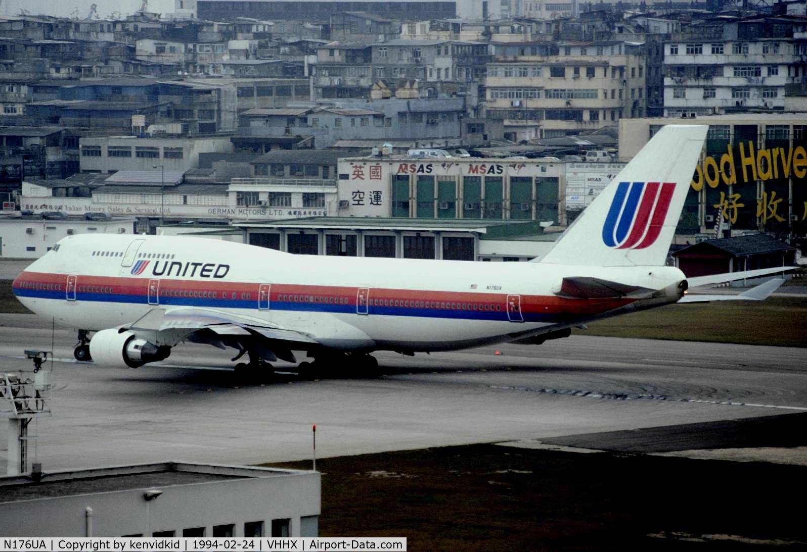 N176UA, 1990 Boeing 747-422 C/N 24383, At Hong Kong Airport (Kai Tak) on a George Pick Aviation Tour.