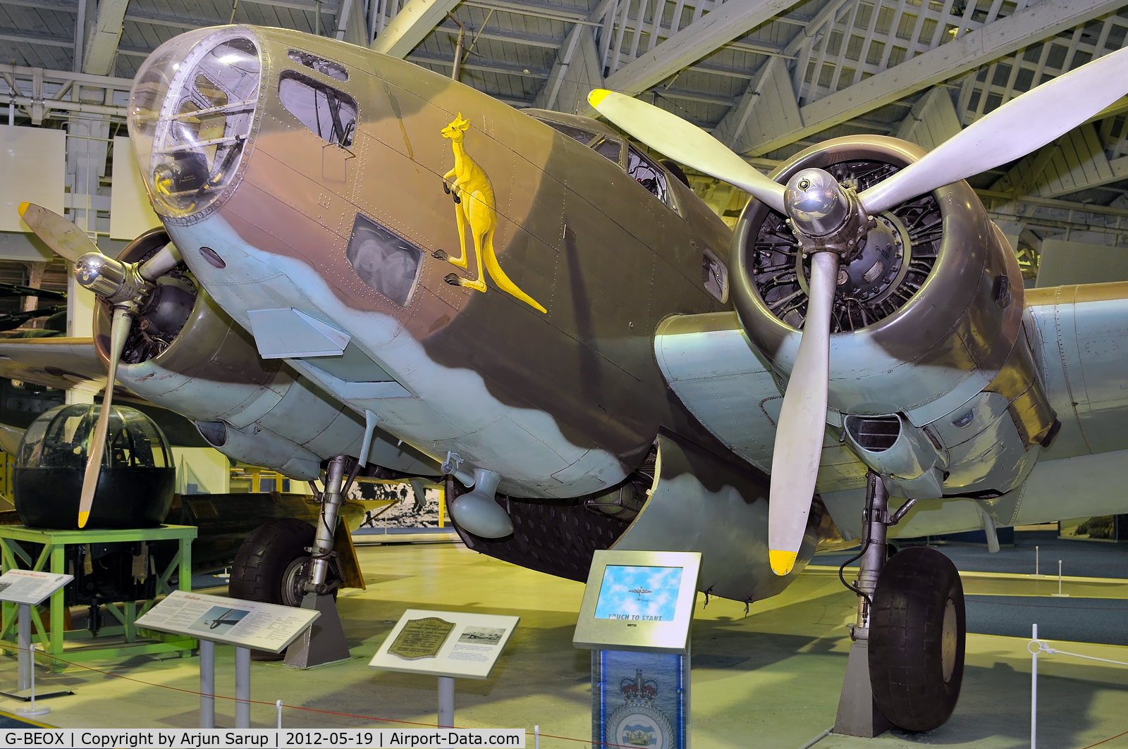 G-BEOX, Lockheed Hudson IV C/N 6464, On display at RAF Museum Hendon.  Intended for the RAF as FH174, this aircraft was diverted to No. 13 Sqn.  RAAF in 1942.  On 3 Feb. 1943 it shot down a F1M2 floatplane.  It then joined No. 2 Sqn. RAAF in April 1943 and shot down a Ki-21 in May.