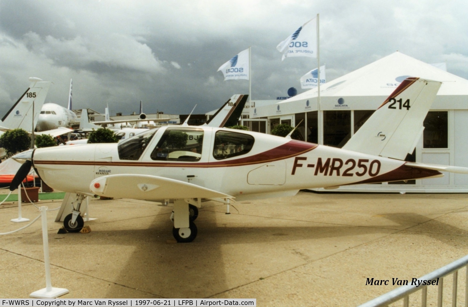 F-WWRS, 1997 Socata TB-20 Trinidad C/N 1809, At Paris Air Show 1997. Fake MR250 reg., Morane Renault 250HP engine.