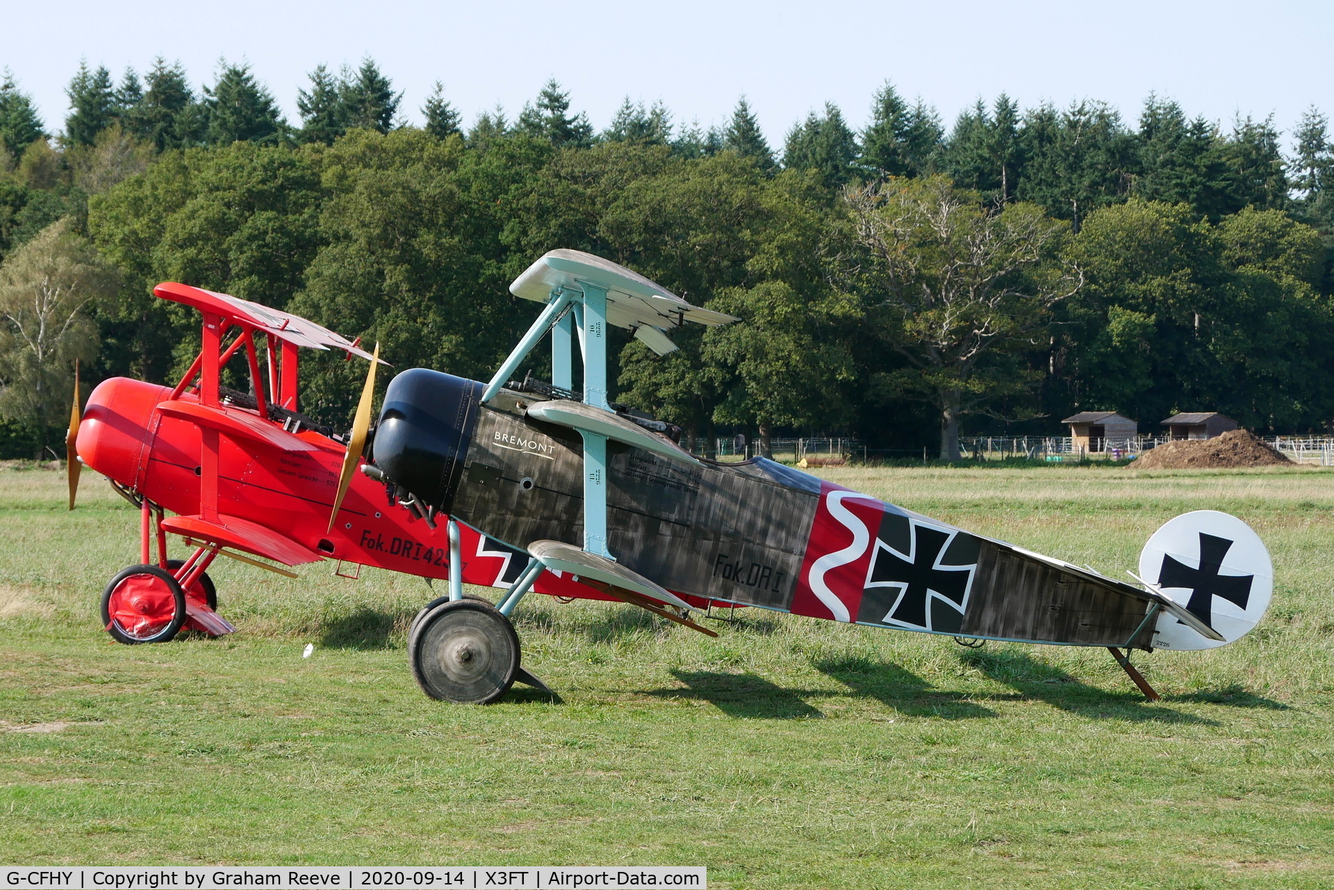 G-CFHY, 2010 Fokker Dr.1 Triplane Replica C/N PFA 238-14408, Parked at Felthorpe, with G-DREI parked behind,