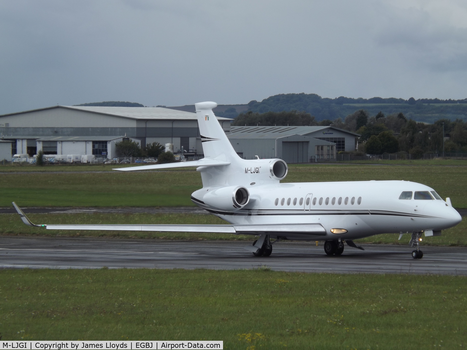 M-LJGI, 2007 Dassault Falcon 2000EX C/N 143, Back tracking RW 27 at Gloucestershire Airport.