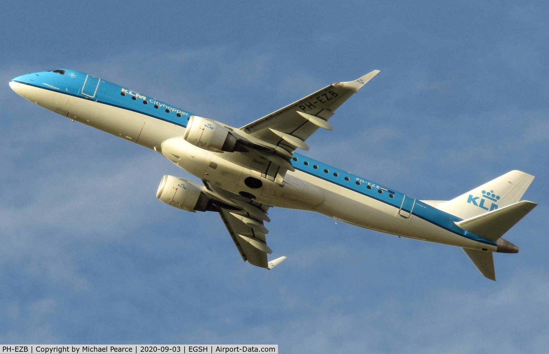 PH-EZB, 2008 Embraer 190LR (ERJ-190-100LR) C/N 19000235, Climbing out of RWY 27 on departure to Amsterdam (AMS).