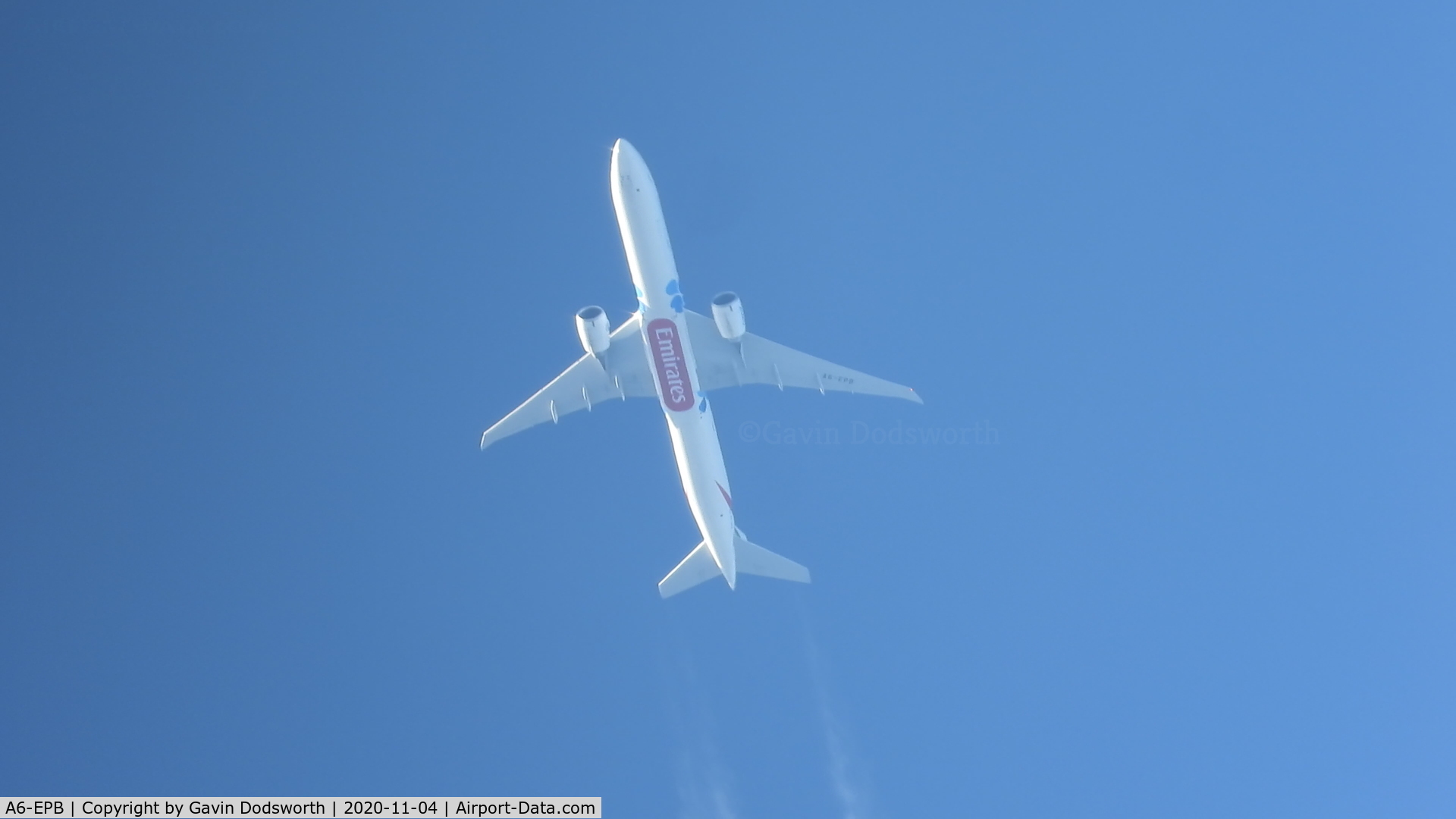 A6-EPB, 2015 Boeing 777-3H1/ER C/N 42321, Above Darlington, England on October 4th with its Expo 2020 - Mobility Livery. Operating from Glasgow International to Dubai