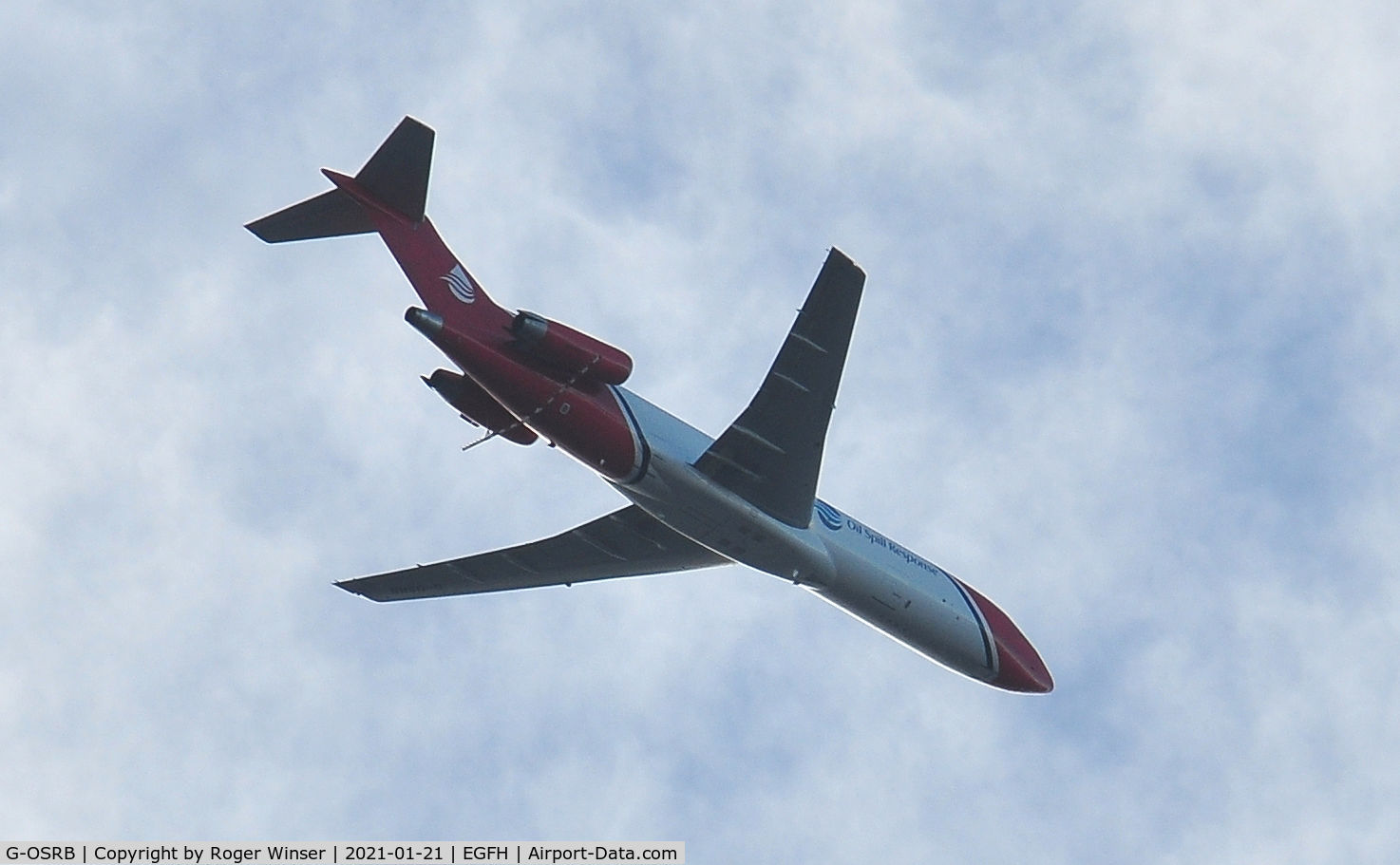 G-OSRB, 1983 Boeing 727-2S2F C/N 22929, SW bound at 7600 feet. Oil spill response aircraft operated by 2Excel Aviation.