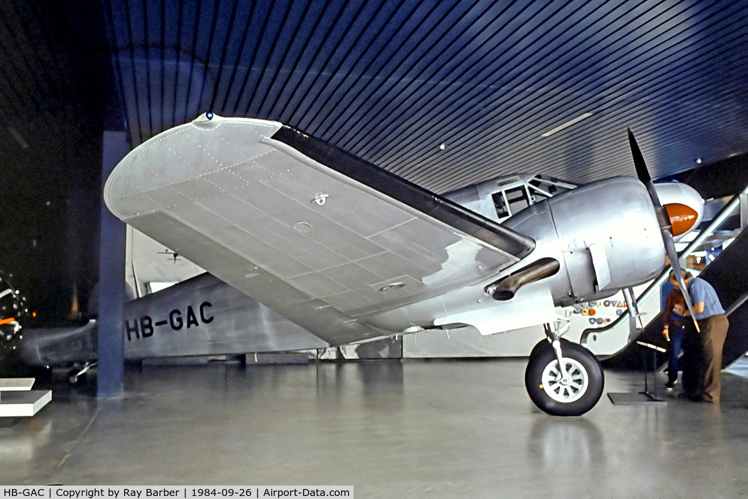 HB-GAC, 1944 Beech C-45 Expeditor C/N 8362, HB-GAC   Beech G18S [8362] (Swiss Museum of Transport) Lucerne~HB 26/09/1984. Missing part of tail allowing it to be placed behind the pole. Since been restored and now hanging from the roof.