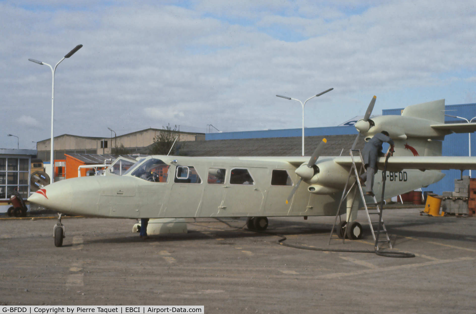G-BFDD, 1980 Britten-Norman BN-2A Mk.III-2 Trislander C/N 1061, Picture taken in 1980 at SONACA Gosselies (Brussels South Airport) shortly before delivery to Bembridge for finalization, with special decoration as this was the 