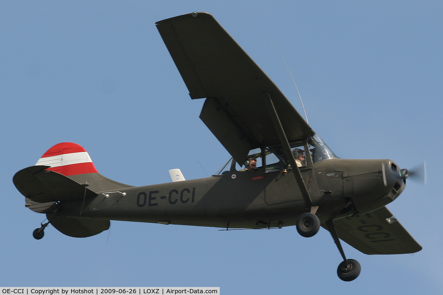 OE-CCI, Cessna O-1E Bird Dog C/N 23936, With owner Karl Habsburg, the would-be heir of the dissolved Austro-Hungarian empire, in the rear seat during the opening air parade for the Airpower show 2009.