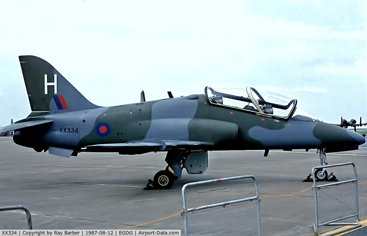 XX334, 1980 Hawker Siddeley Hawk T.1A C/N 182/312158, XX334   Hawker Siddeley Hawk T.1A [312158] (Royal Air Force) RAF St Mawgan / Newquay~G @ 12/08/1987