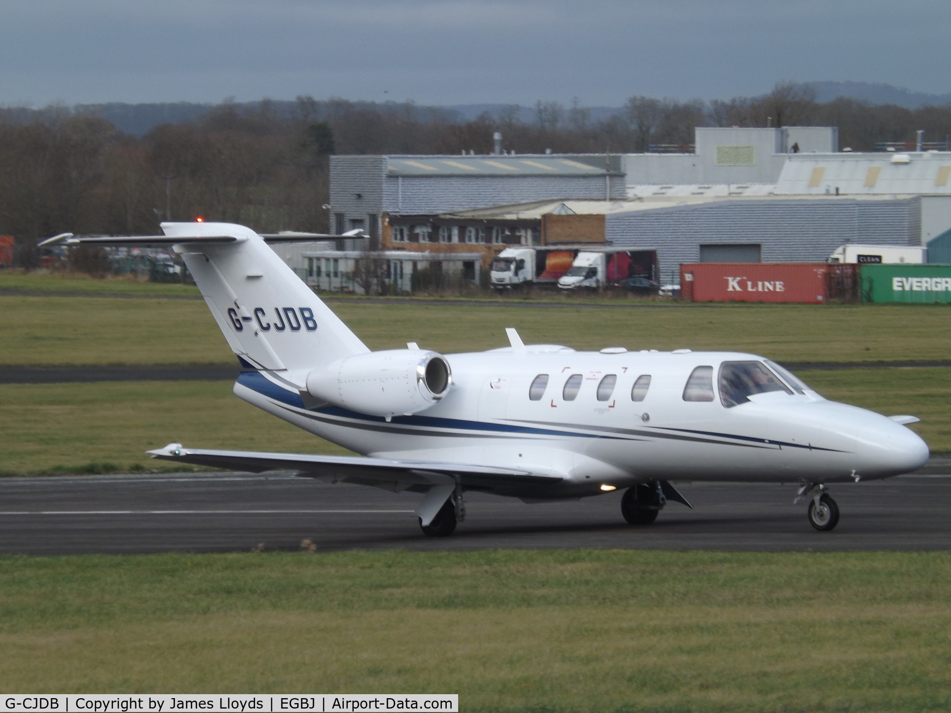 G-CJDB, 2007 Cessna 525 CitationJet CJ1+ C/N 525-0648, Back tracking Runway 27 at Gloucestershire Airport.