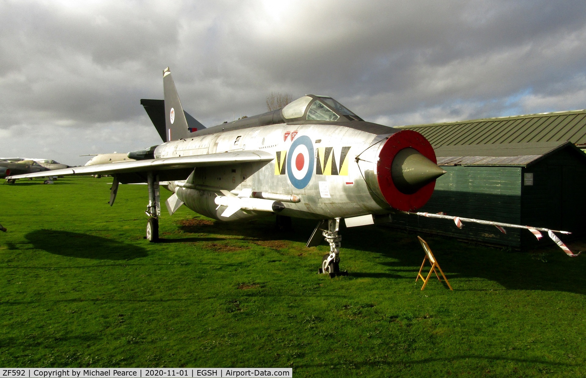 ZF592, 1968 English Electric Lightning F.53 C/N 95291, Painted as XR768 in 74 (Tiger) Squadron colours, parked at the City of Norwich Aviation Museum.