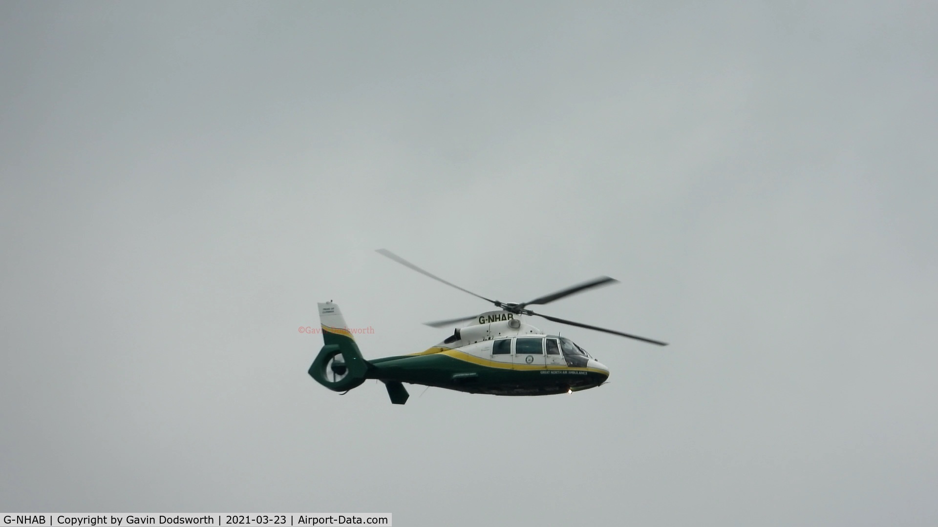 G-NHAB, 1991 Aerospatiale AS-365N-2 Dauphin C/N 6407, Helimed 58 'Pride Of Cumbria' Over Darlington on Monday 23rd March 2021