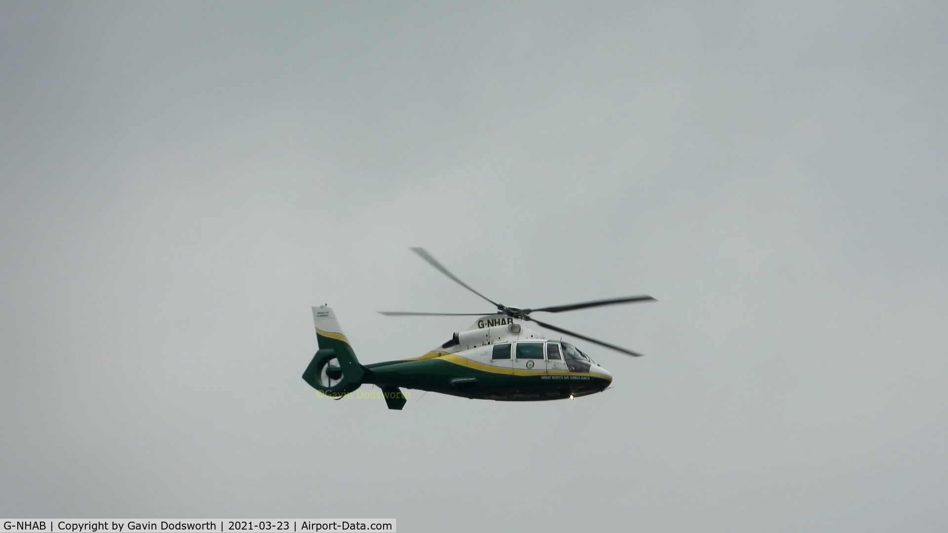 G-NHAB, 1991 Aerospatiale AS-365N-2 Dauphin C/N 6407, Helimed 58 'Pride Of Cumbria' Over Darlington on Monday 23rd March 2021